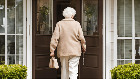 Elderly woman walking into an assisted living home